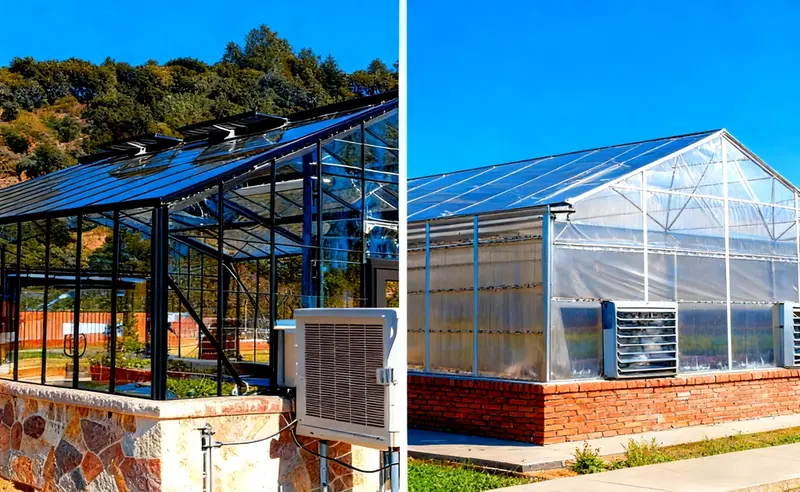 Polycarbonate vs Glass greenhouse comparison illustration showing structural and performance differences